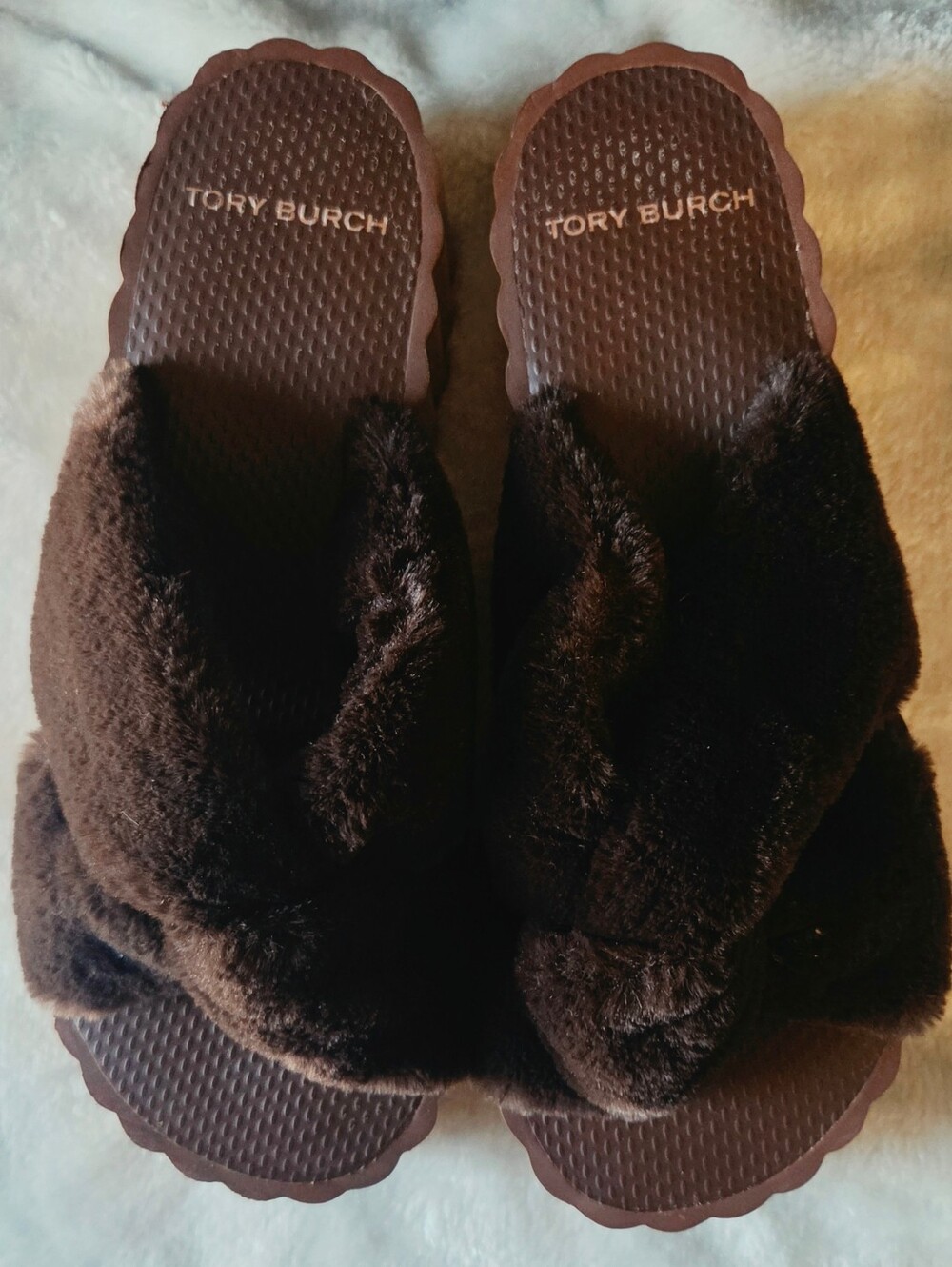 Tory Burch Dark Brown Faux Fur Slide Sandals